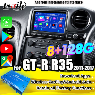 Lsailt Interface multimédia Android pour GT-R GTR R35 2011-2016 Interface de jeu de voiture sans fil Inclus YouTube, GPS,8+128 Go